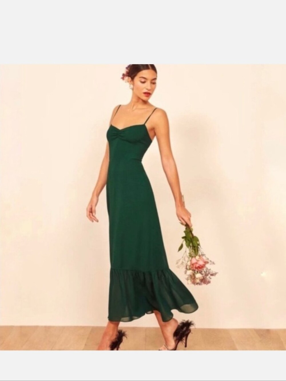 Elegant Emerald Green Slip Dress with Ruffle Hem